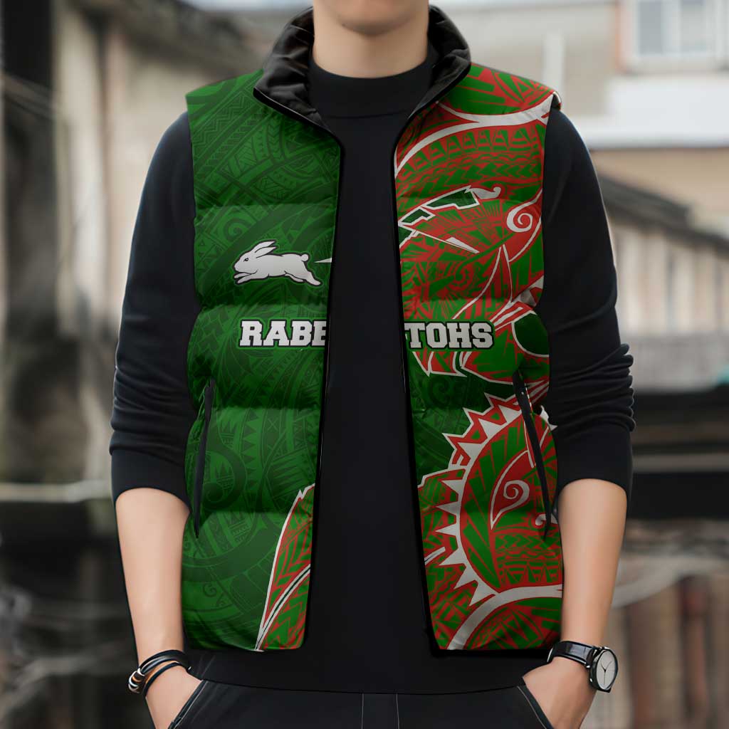 South Sydney Rabbitohs Sleeveless Puffer Jacket Polynesian Tribal Tattoo Pacific Sport Art