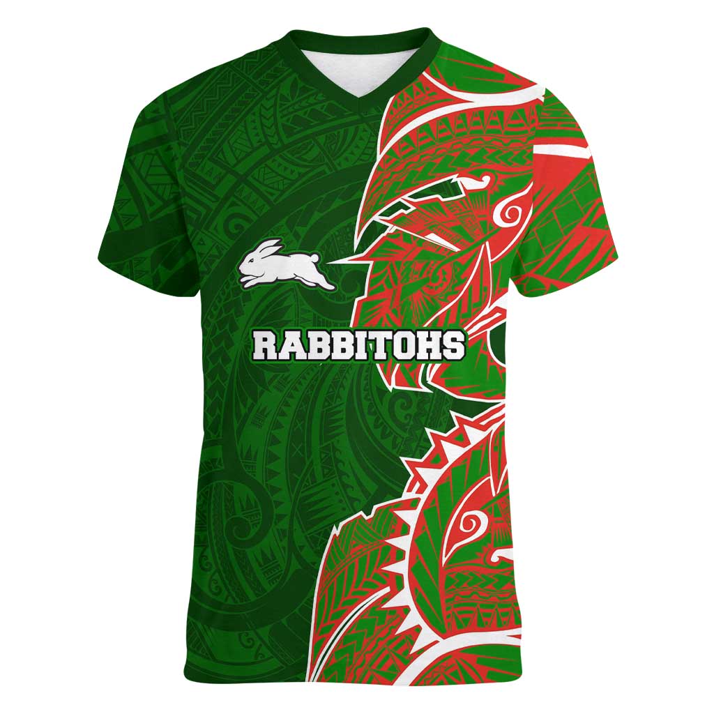 South Sydney Rabbitohs Women V-Neck T-Shirt Polynesian Tribal Tattoo Pacific Sport Art