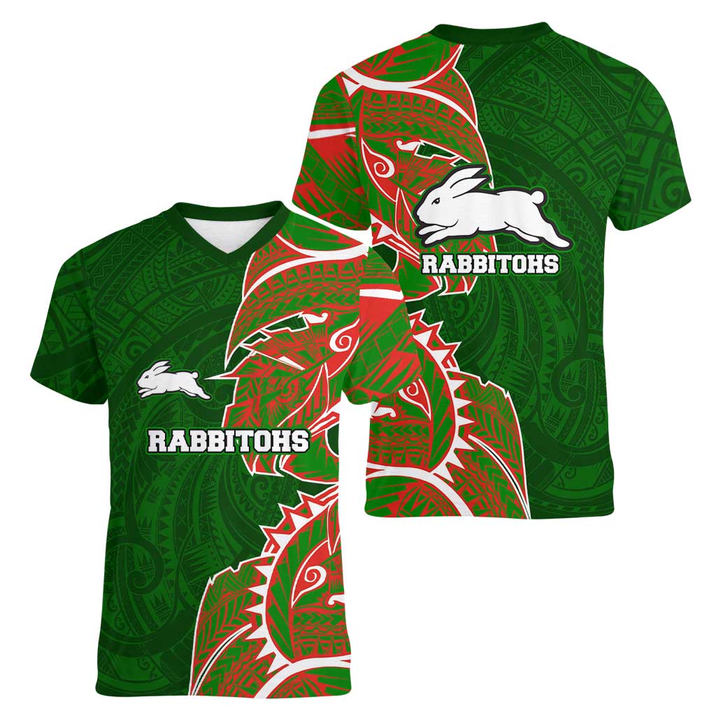 South Sydney Rabbitohs Women V-Neck T-Shirt Polynesian Tribal Tattoo Pacific Sport Art