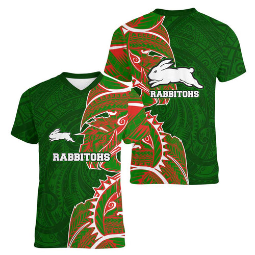 South Sydney Rabbitohs Women V-Neck T-Shirt Polynesian Tribal Tattoo Pacific Sport Art