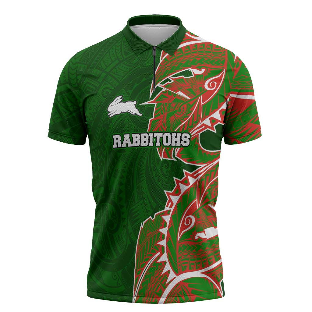South Sydney Rabbitohs Zipper Polo Shirt Polynesian Tribal Tattoo Pacific Sport Art