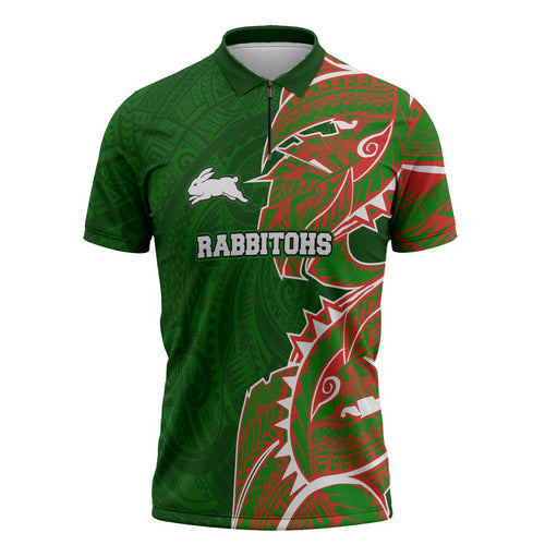 South Sydney Rabbitohs Zipper Polo Shirt Polynesian Tribal Tattoo Pacific Sport Art