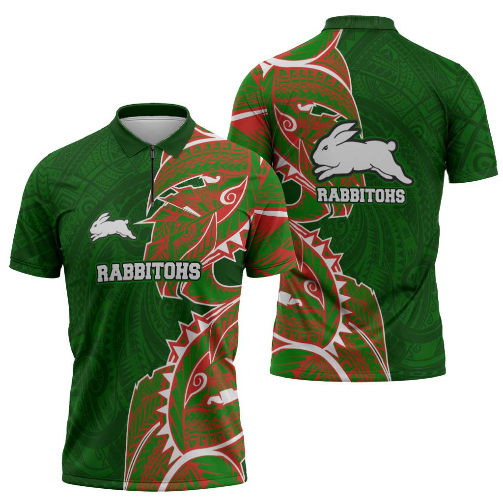 South Sydney Rabbitohs Zipper Polo Shirt Polynesian Tribal Tattoo Pacific Sport Art