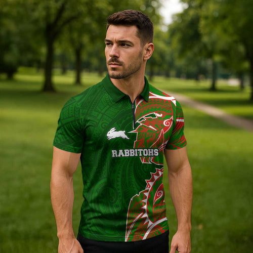 South Sydney Rabbitohs Zipper Polo Shirt Polynesian Tribal Tattoo Pacific Sport Art