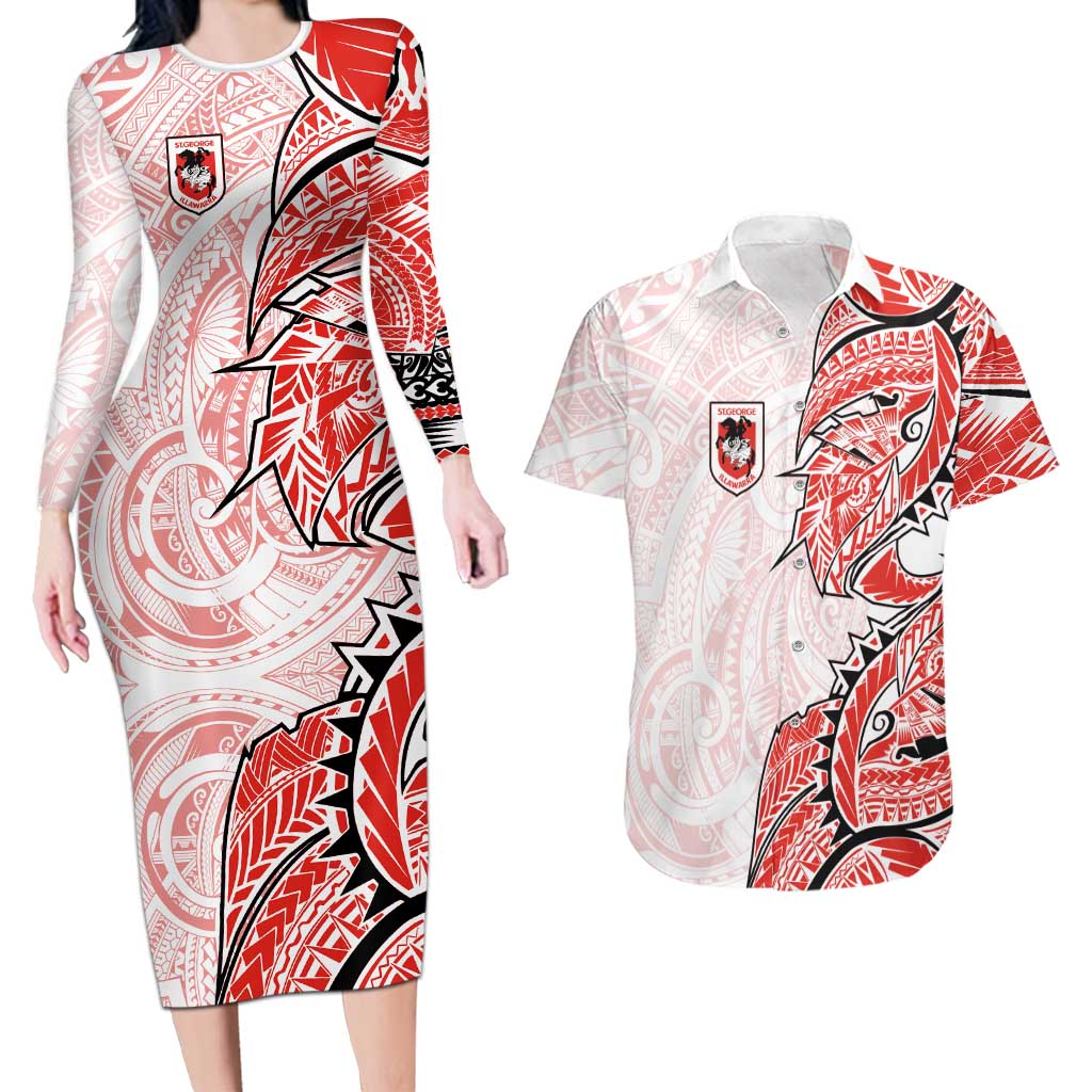 St George Illawarra Dragons Couples Matching Long Sleeve Bodycon Dress and Hawaiian Shirt Polynesian Tribal Tattoo Pacific Sport Art