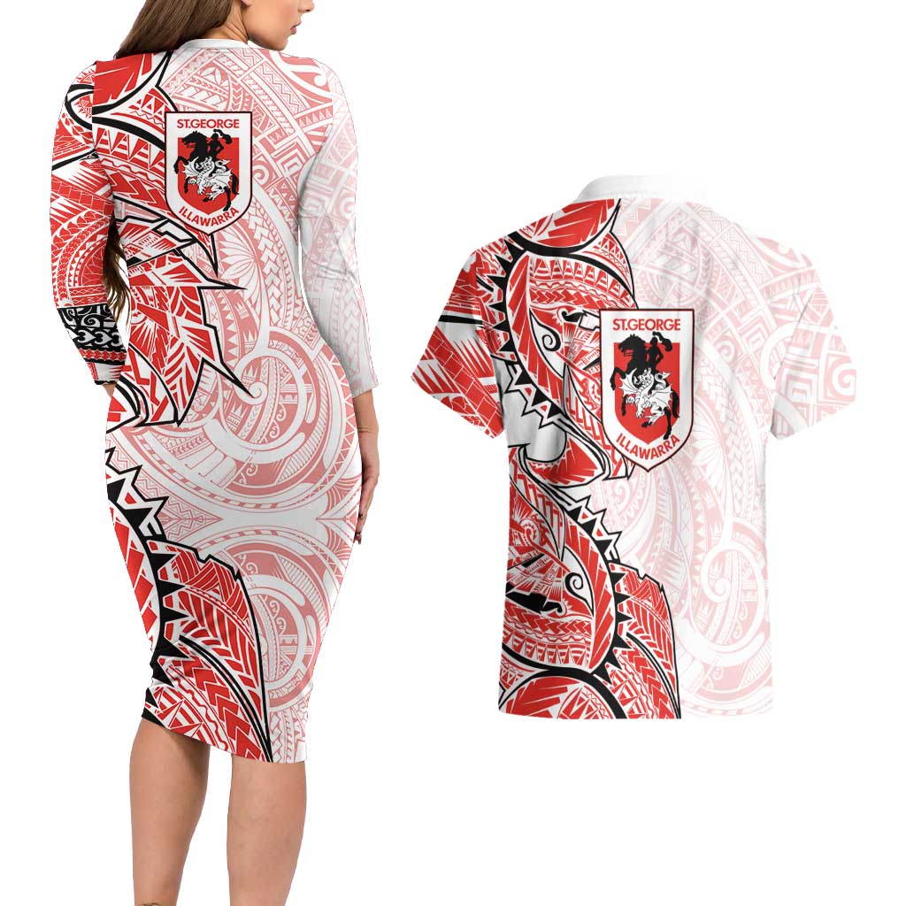 St George Illawarra Dragons Couples Matching Long Sleeve Bodycon Dress and Hawaiian Shirt Polynesian Tribal Tattoo Pacific Sport Art
