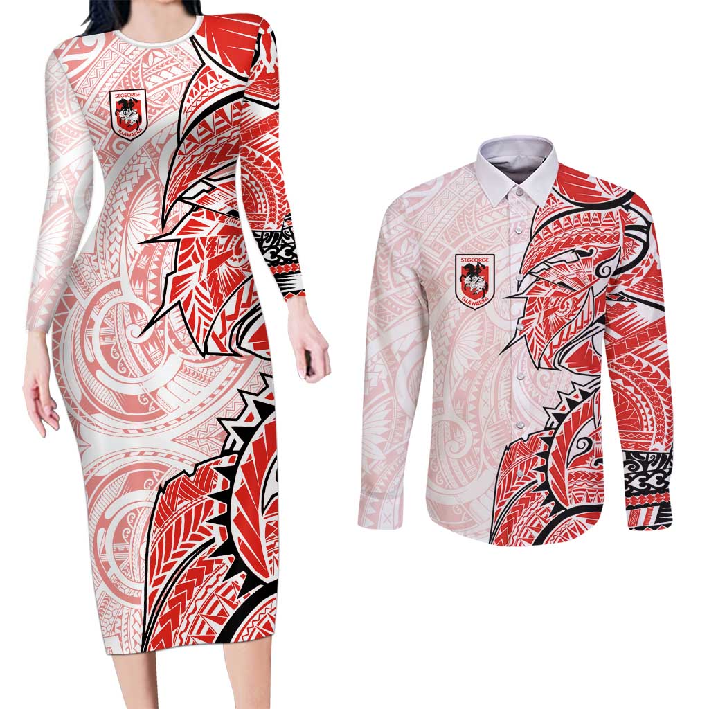 St George Illawarra Dragons Couples Matching Long Sleeve Bodycon Dress and Long Sleeve Button Shirt Polynesian Tribal Tattoo Pacific Sport Art