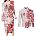 St George Illawarra Dragons Couples Matching Long Sleeve Bodycon Dress and Long Sleeve Button Shirt Polynesian Tribal Tattoo Pacific Sport Art