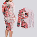 St George Illawarra Dragons Couples Matching Long Sleeve Bodycon Dress and Long Sleeve Button Shirt Polynesian Tribal Tattoo Pacific Sport Art