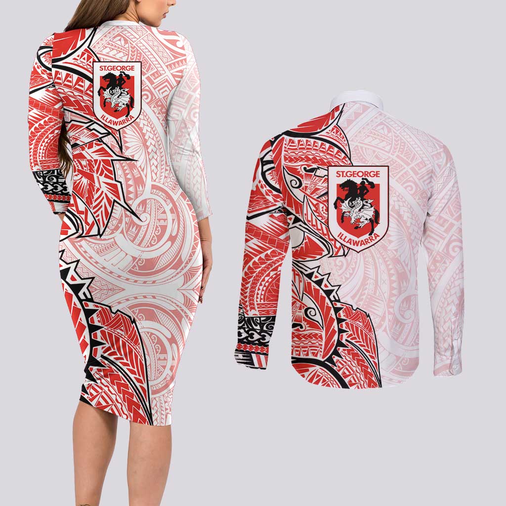 St George Illawarra Dragons Couples Matching Long Sleeve Bodycon Dress and Long Sleeve Button Shirt Polynesian Tribal Tattoo Pacific Sport Art