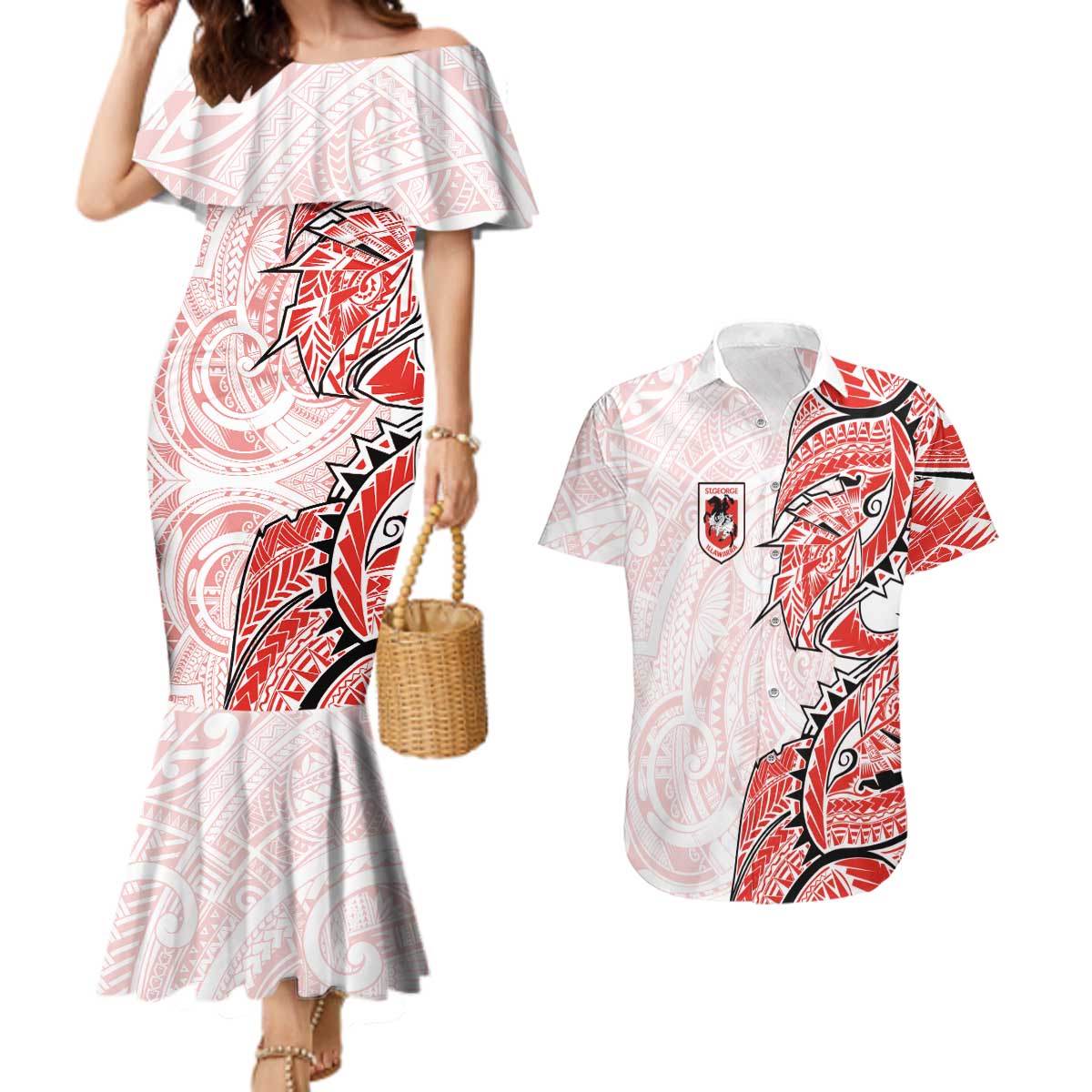 St George Illawarra Dragons Couples Matching Mermaid Dress and Hawaiian Shirt Polynesian Tribal Tattoo Pacific Sport Art