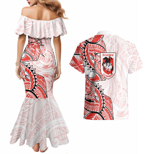 St George Illawarra Dragons Couples Matching Mermaid Dress and Hawaiian Shirt Polynesian Tribal Tattoo Pacific Sport Art