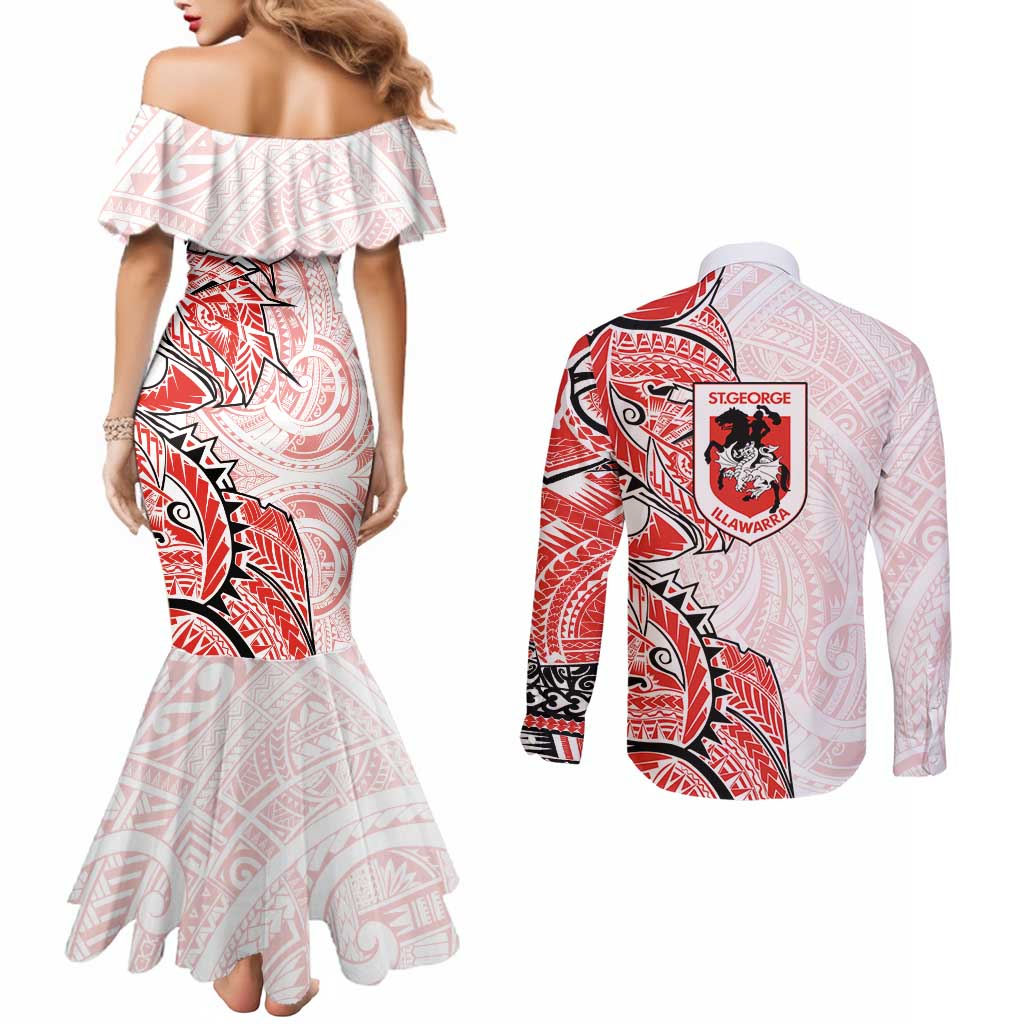 St George Illawarra Dragons Couples Matching Mermaid Dress and Long Sleeve Button Shirt Polynesian Tribal Tattoo Pacific Sport Art