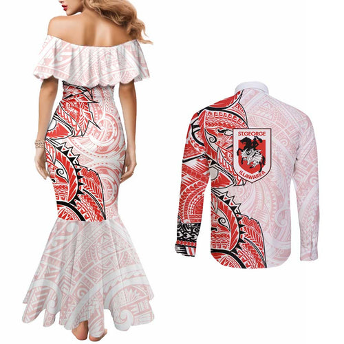St George Illawarra Dragons Couples Matching Mermaid Dress and Long Sleeve Button Shirt Polynesian Tribal Tattoo Pacific Sport Art