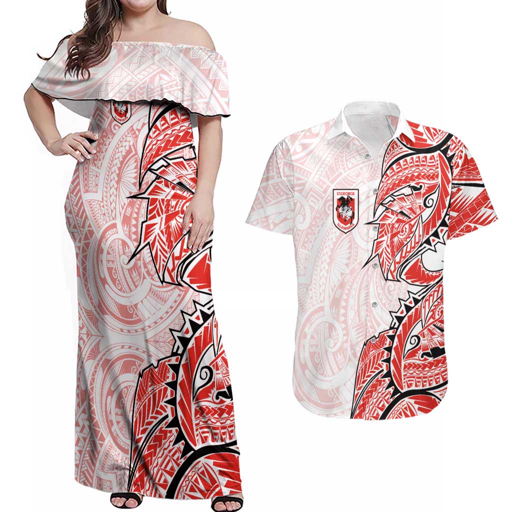 St George Illawarra Dragons Couples Matching Off Shoulder Maxi Dress and Hawaiian Shirt Polynesian Tribal Tattoo Pacific Sport Art