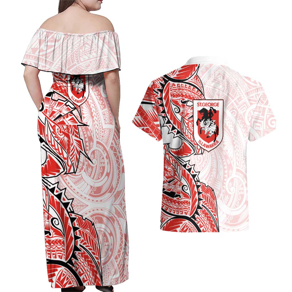 St George Illawarra Dragons Couples Matching Off Shoulder Maxi Dress and Hawaiian Shirt Polynesian Tribal Tattoo Pacific Sport Art