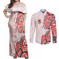 St George Illawarra Dragons Couples Matching Off Shoulder Maxi Dress and Long Sleeve Button Shirt Polynesian Tribal Tattoo Pacific Sport Art