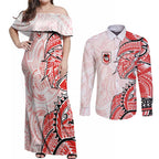 St George Illawarra Dragons Couples Matching Off Shoulder Maxi Dress and Long Sleeve Button Shirt Polynesian Tribal Tattoo Pacific Sport Art