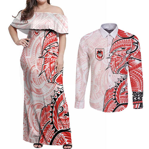 St George Illawarra Dragons Couples Matching Off Shoulder Maxi Dress and Long Sleeve Button Shirt Polynesian Tribal Tattoo Pacific Sport Art