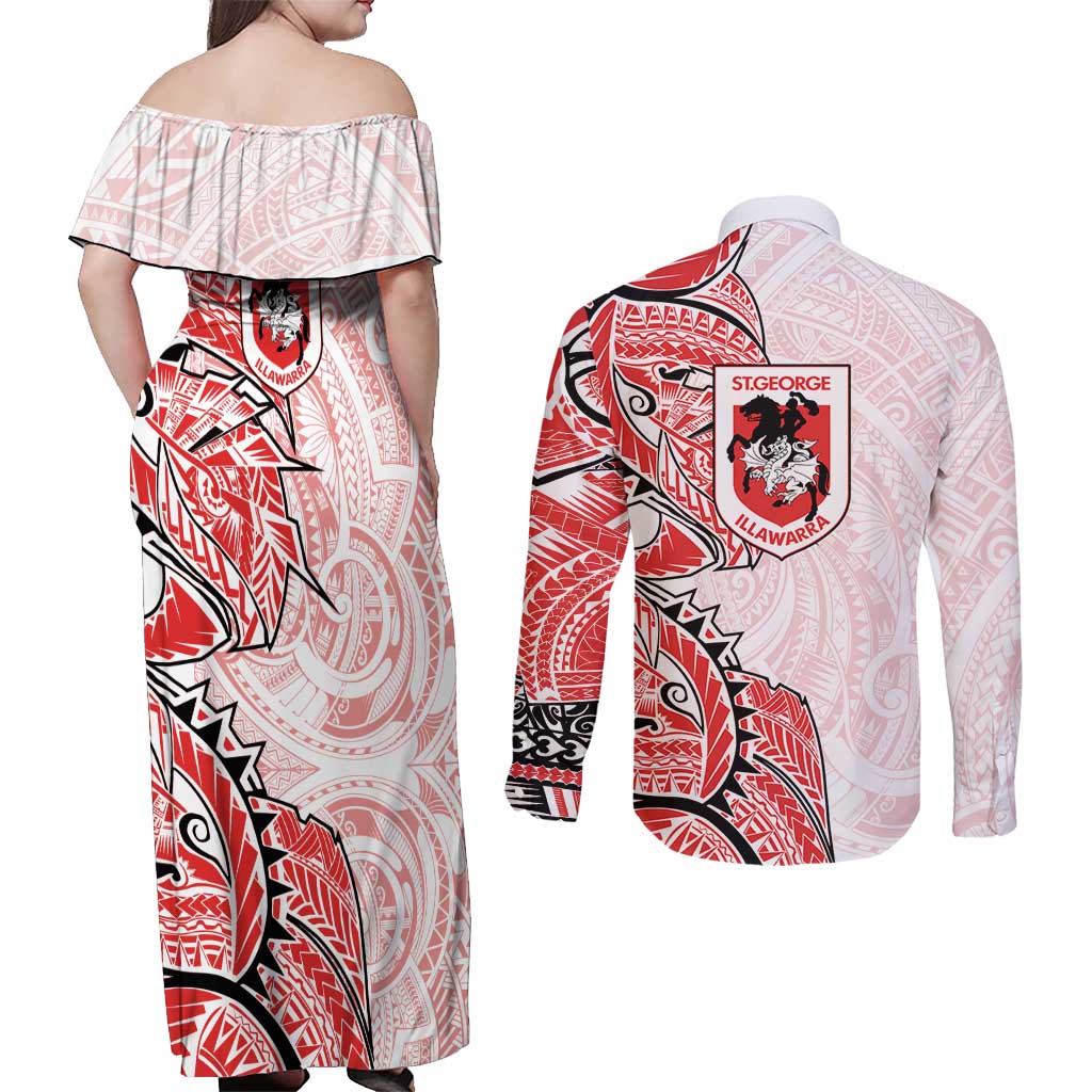 St George Illawarra Dragons Couples Matching Off Shoulder Maxi Dress and Long Sleeve Button Shirt Polynesian Tribal Tattoo Pacific Sport Art