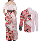 St George Illawarra Dragons Couples Matching Off Shoulder Maxi Dress and Long Sleeve Button Shirt Polynesian Tribal Tattoo Pacific Sport Art