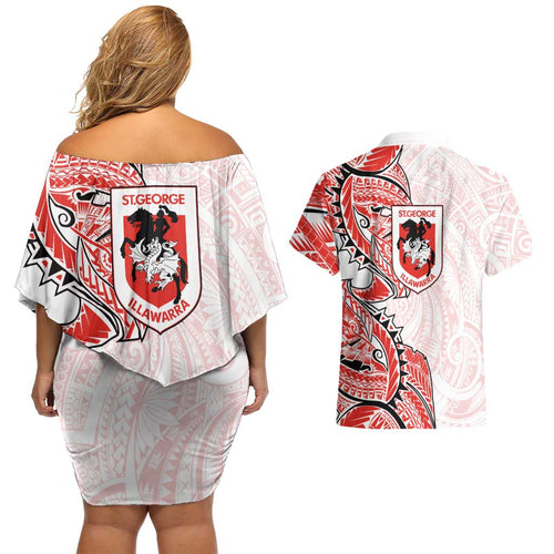 St George Illawarra Dragons Couples Matching Off Shoulder Short Dress and Hawaiian Shirt Polynesian Tribal Tattoo Pacific Sport Art