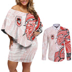 St George Illawarra Dragons Couples Matching Off Shoulder Short Dress and Long Sleeve Button Shirt Polynesian Tribal Tattoo Pacific Sport Art
