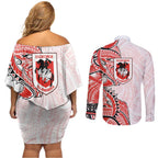 St George Illawarra Dragons Couples Matching Off Shoulder Short Dress and Long Sleeve Button Shirt Polynesian Tribal Tattoo Pacific Sport Art