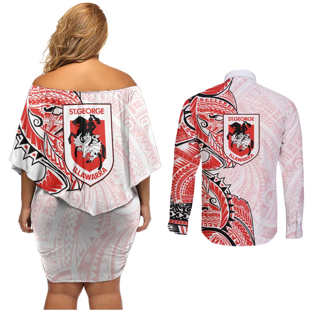 St George Illawarra Dragons Couples Matching Off Shoulder Short Dress and Long Sleeve Button Shirt Polynesian Tribal Tattoo Pacific Sport Art