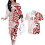 St George Illawarra Dragons Couples Matching Off The Shoulder Long Sleeve Dress and Hawaiian Shirt Polynesian Tribal Tattoo Pacific Sport Art