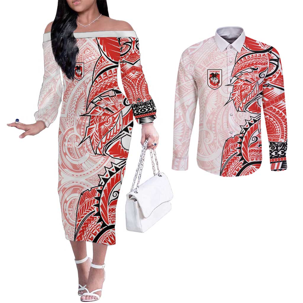 St George Illawarra Dragons Couples Matching Off The Shoulder Long Sleeve Dress and Long Sleeve Button Shirt Polynesian Tribal Tattoo Pacific Sport Art