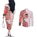 St George Illawarra Dragons Couples Matching Off The Shoulder Long Sleeve Dress and Long Sleeve Button Shirt Polynesian Tribal Tattoo Pacific Sport Art
