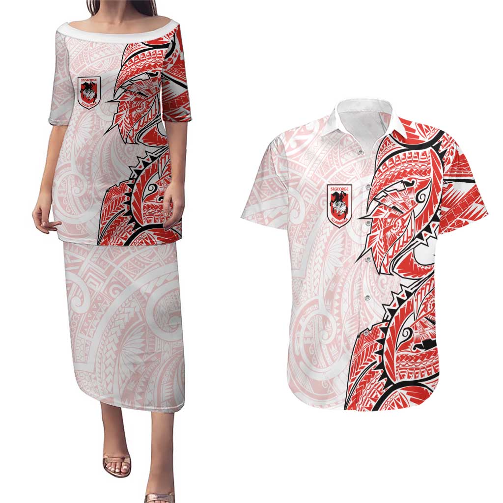 St George Illawarra Dragons Couples Matching Puletasi and Hawaiian Shirt Polynesian Tribal Tattoo Pacific Sport Art
