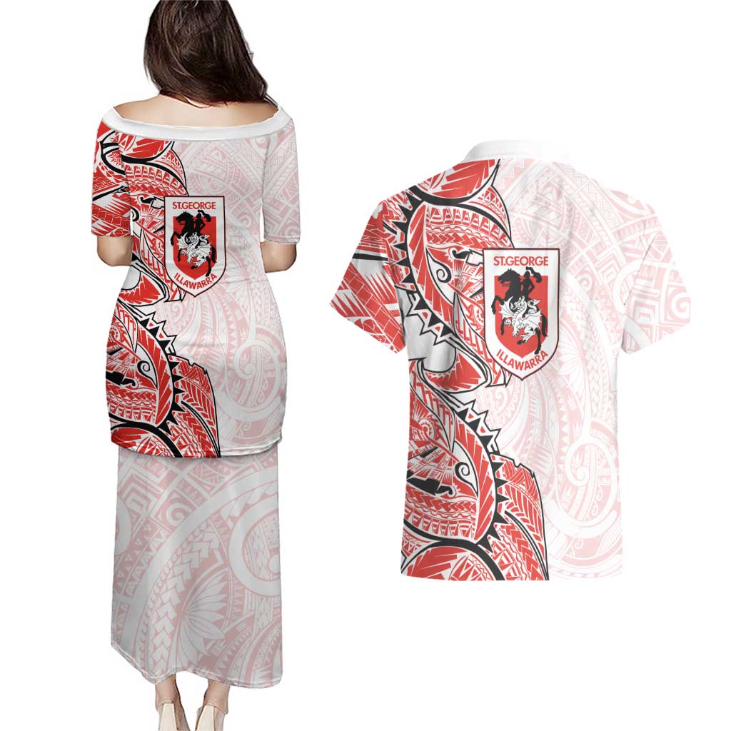 St George Illawarra Dragons Couples Matching Puletasi and Hawaiian Shirt Polynesian Tribal Tattoo Pacific Sport Art