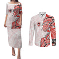 St George Illawarra Dragons Couples Matching Puletasi and Long Sleeve Button Shirt Polynesian Tribal Tattoo Pacific Sport Art