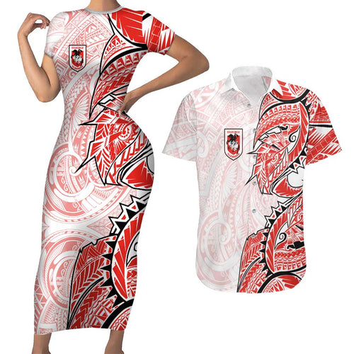 St George Illawarra Dragons Couples Matching Short Sleeve Bodycon Dress and Hawaiian Shirt Polynesian Tribal Tattoo Pacific Sport Art