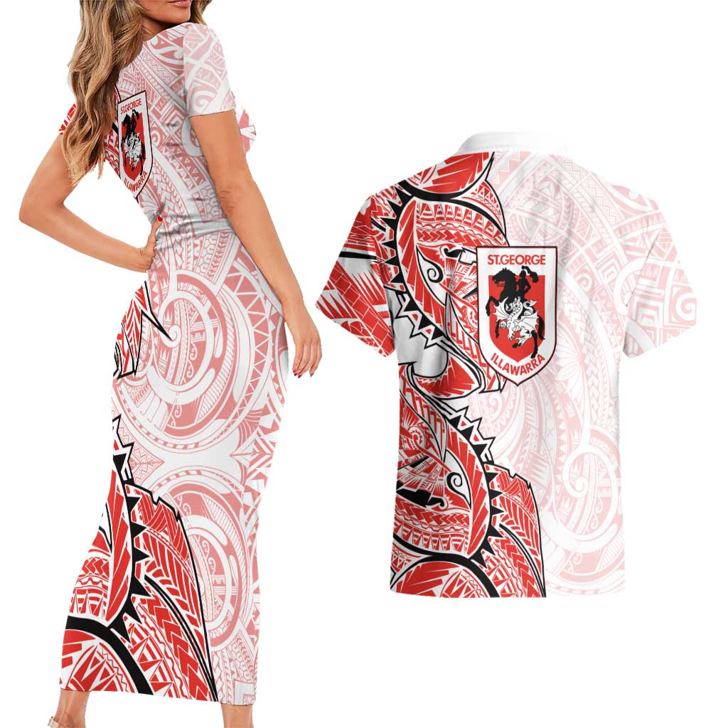 St George Illawarra Dragons Couples Matching Short Sleeve Bodycon Dress and Hawaiian Shirt Polynesian Tribal Tattoo Pacific Sport Art