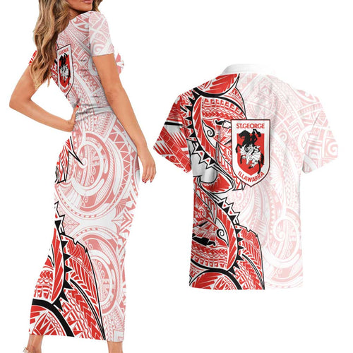 St George Illawarra Dragons Couples Matching Short Sleeve Bodycon Dress and Hawaiian Shirt Polynesian Tribal Tattoo Pacific Sport Art