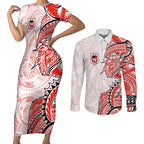 St George Illawarra Dragons Couples Matching Short Sleeve Bodycon Dress and Long Sleeve Button Shirt Polynesian Tribal Tattoo Pacific Sport Art