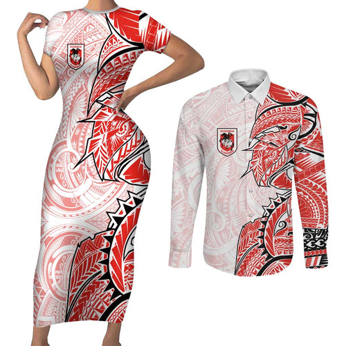 St George Illawarra Dragons Couples Matching Short Sleeve Bodycon Dress and Long Sleeve Button Shirt Polynesian Tribal Tattoo Pacific Sport Art