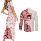 St George Illawarra Dragons Couples Matching Short Sleeve Bodycon Dress and Long Sleeve Button Shirt Polynesian Tribal Tattoo Pacific Sport Art