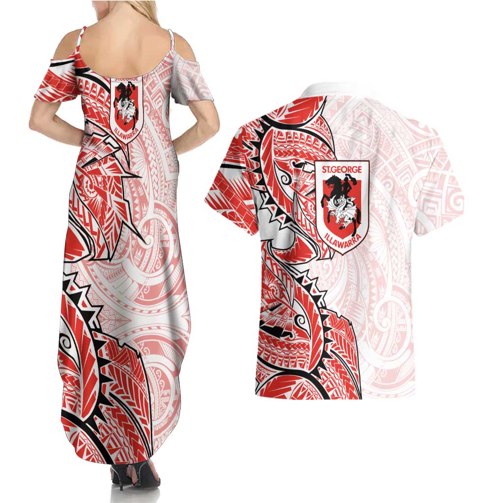 St George Illawarra Dragons Couples Matching Summer Maxi Dress and Hawaiian Shirt Polynesian Tribal Tattoo Pacific Sport Art