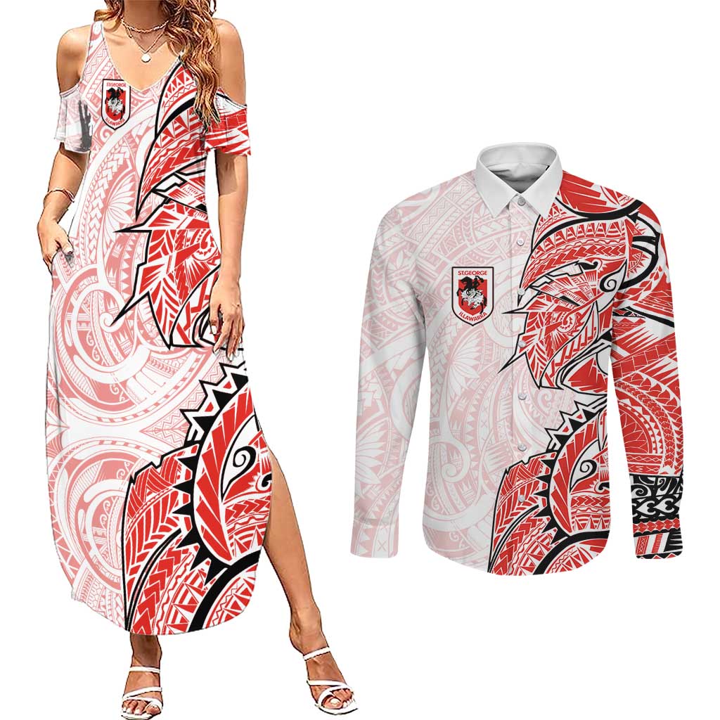 St George Illawarra Dragons Couples Matching Summer Maxi Dress and Long Sleeve Button Shirt Polynesian Tribal Tattoo Pacific Sport Art