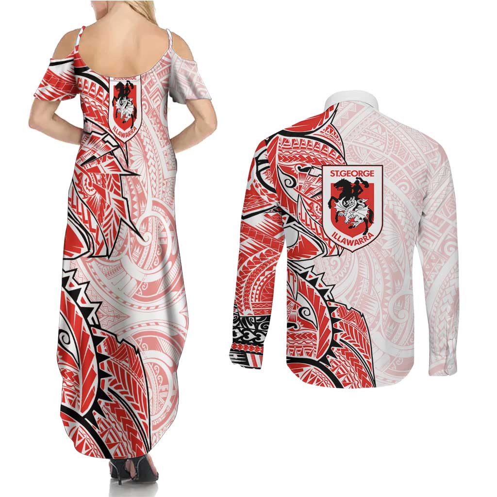 St George Illawarra Dragons Couples Matching Summer Maxi Dress and Long Sleeve Button Shirt Polynesian Tribal Tattoo Pacific Sport Art