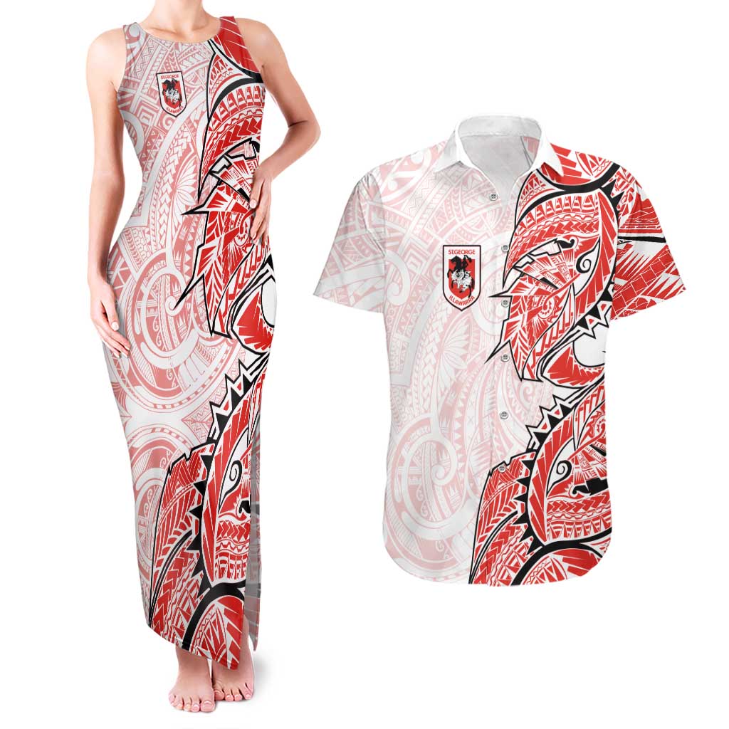St George Illawarra Dragons Couples Matching Tank Maxi Dress and Hawaiian Shirt Polynesian Tribal Tattoo Pacific Sport Art