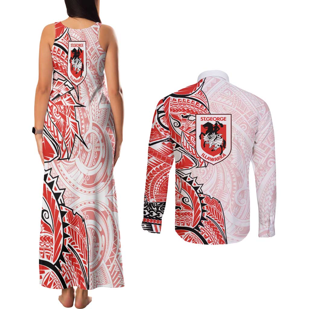 St George Illawarra Dragons Couples Matching Tank Maxi Dress and Long Sleeve Button Shirt Polynesian Tribal Tattoo Pacific Sport Art