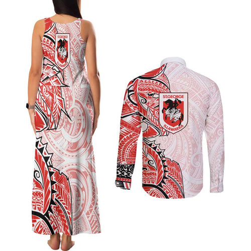 St George Illawarra Dragons Couples Matching Tank Maxi Dress and Long Sleeve Button Shirt Polynesian Tribal Tattoo Pacific Sport Art