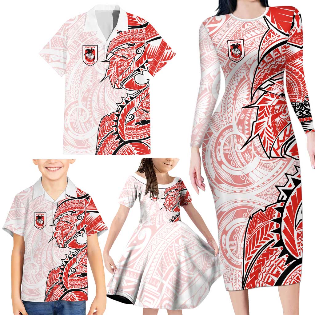 St George Illawarra Dragons Family Matching Long Sleeve Bodycon Dress and Hawaiian Shirt Polynesian Tribal Tattoo Pacific Sport Art