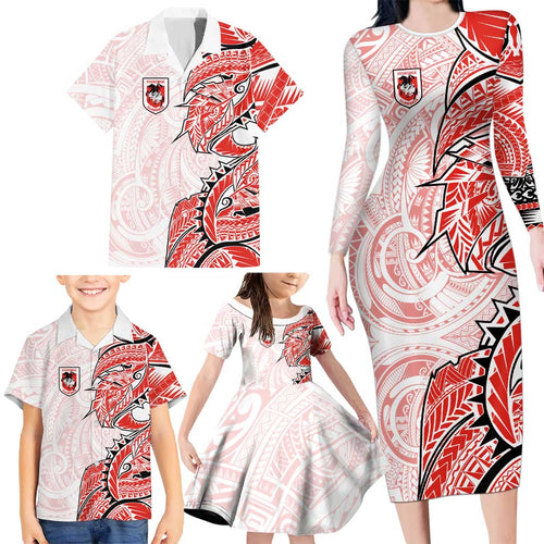 St George Illawarra Dragons Family Matching Long Sleeve Bodycon Dress and Hawaiian Shirt Polynesian Tribal Tattoo Pacific Sport Art