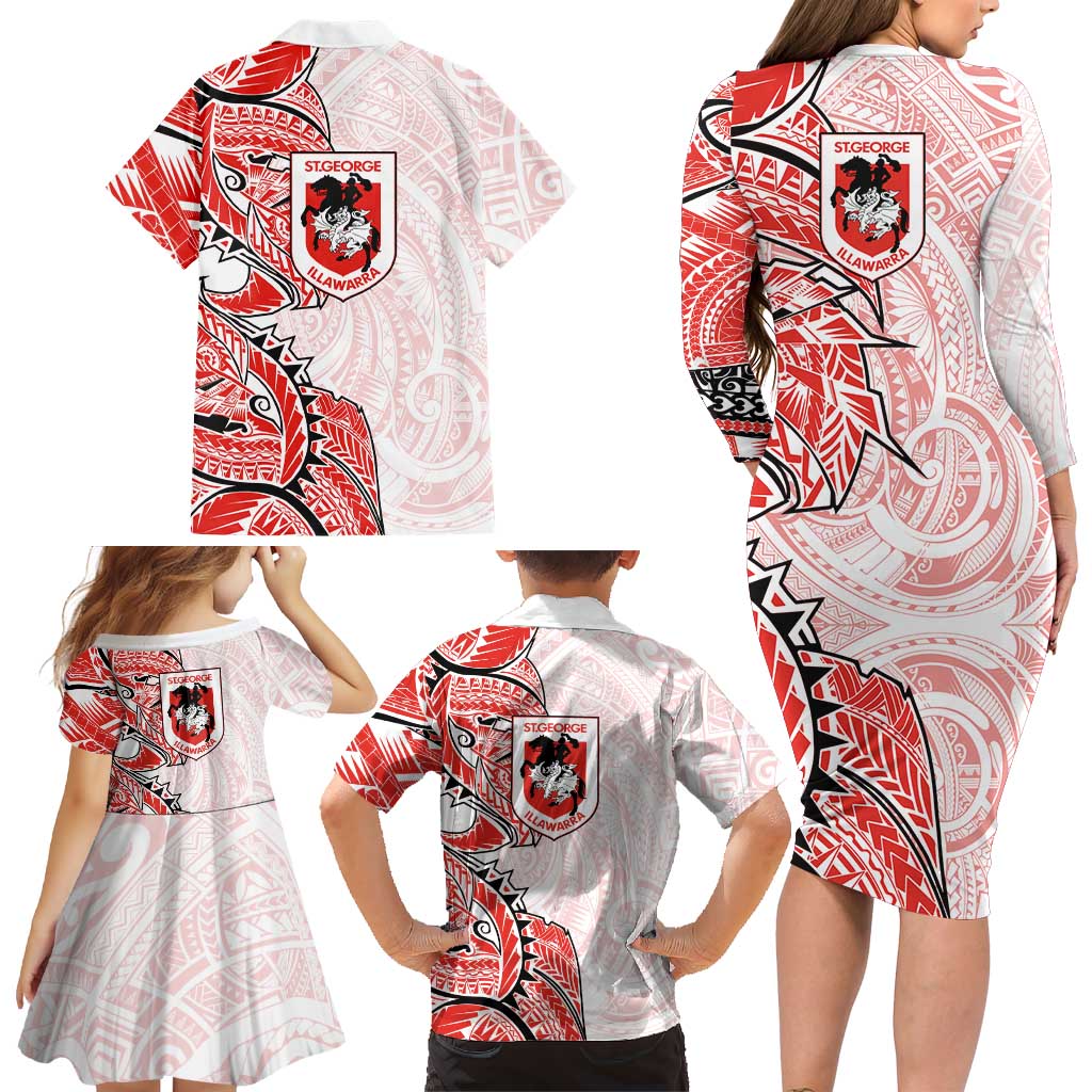 St George Illawarra Dragons Family Matching Long Sleeve Bodycon Dress and Hawaiian Shirt Polynesian Tribal Tattoo Pacific Sport Art